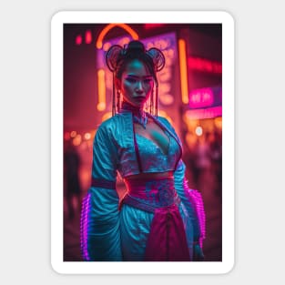 Cyperpunk Asian Beauty with Futuristic Cityscape - Ultra Realistic Sticker